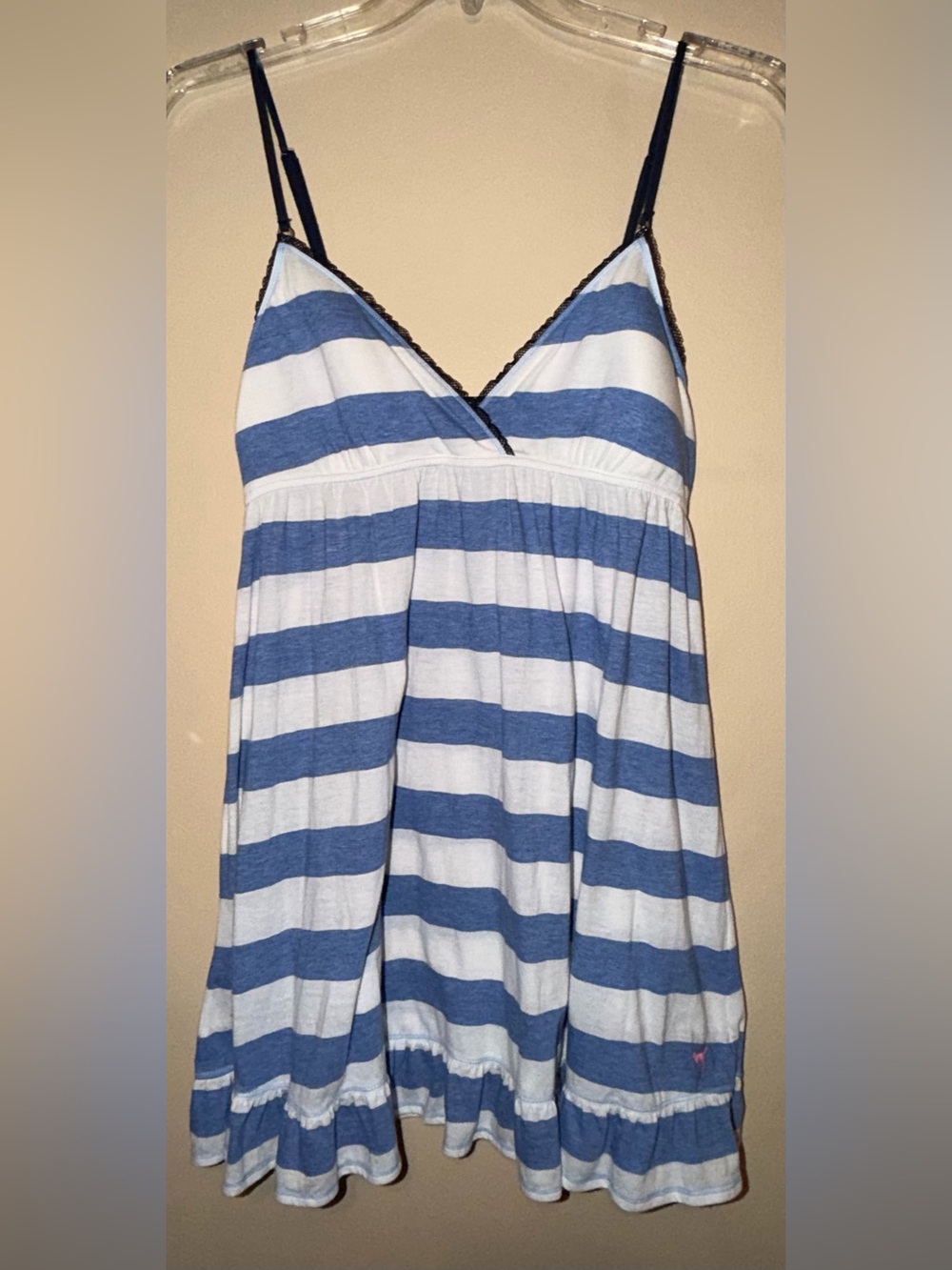 Vintage Victoria Secret Blue Striped Babydoll Night Gown Beach Cover Up Size L